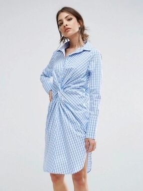 Lavish Alice Blue Gingham Twist-Front Shirt Dress Size US 4